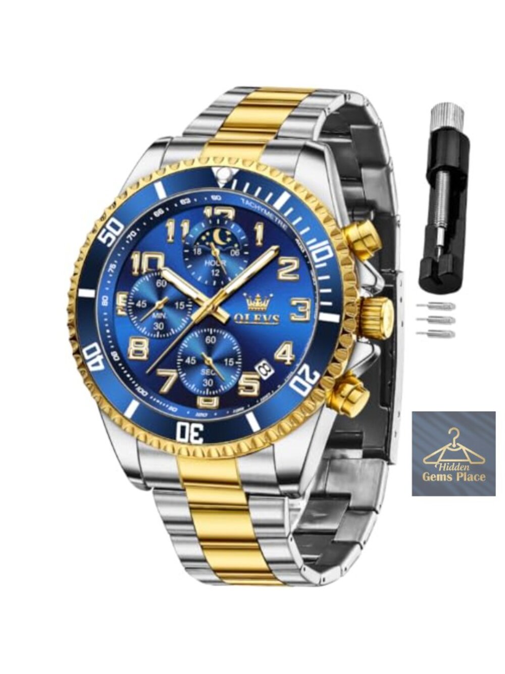Chronograph Luxury Dress Moon Phase Two Tone Stainless Steel Waterproof